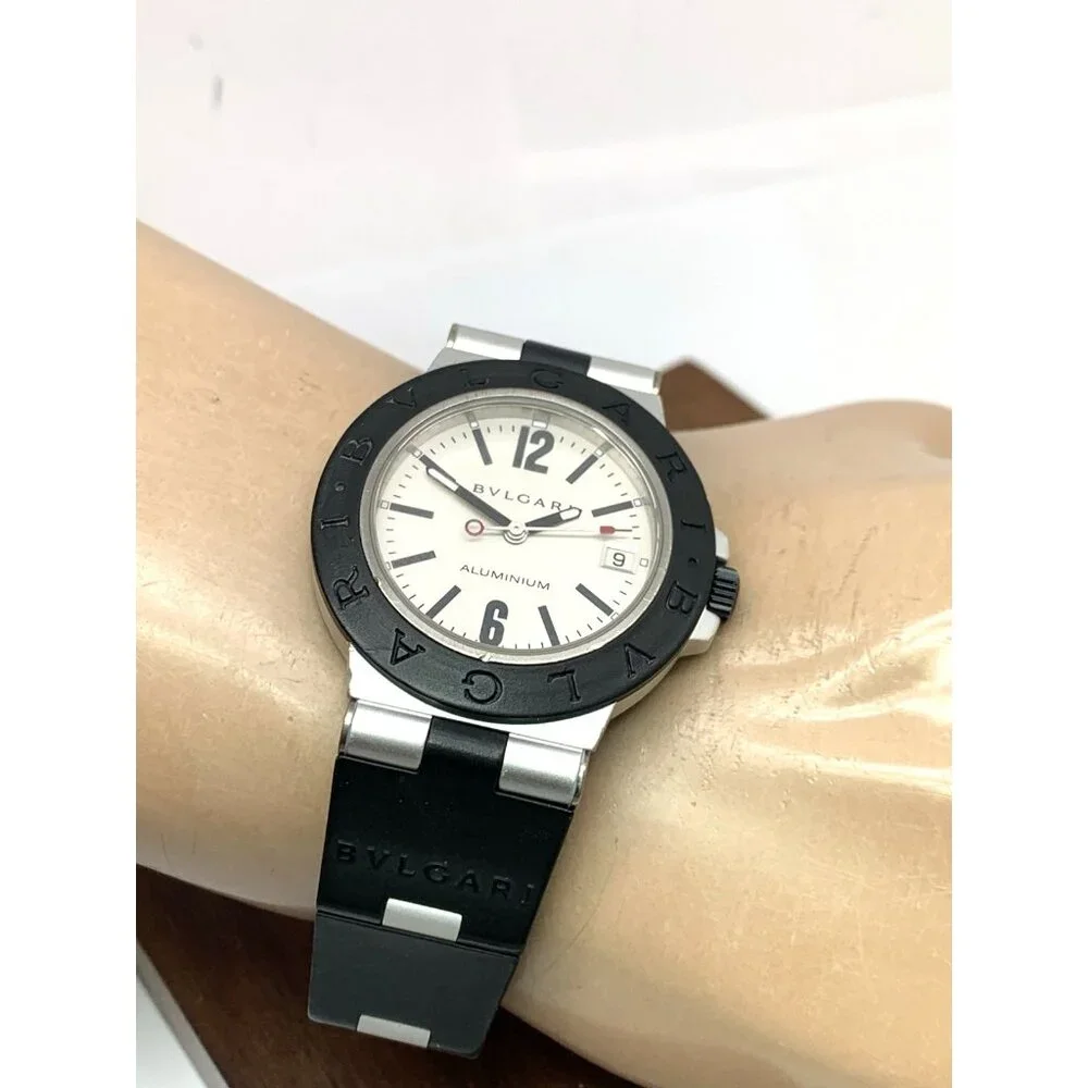 Bvlgari Men's Watch AL38A Aluminum Swiss Automatic Silver Dial Black Rubber 38mm